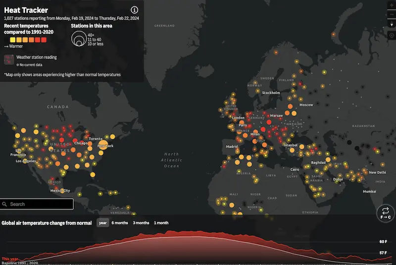 A real-time heat tracking app that pulls data every day from satellites and 1,000+ weather stations across the globe, analyzes it for deviations from normal temperatures, and displays it in an interactive, searchable map and custom line chart.