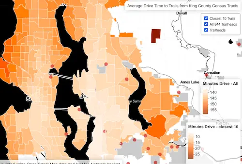 A custom gravity model I built for a graduate school course that shows census tracts in King County by their ability to access outdoor activities.